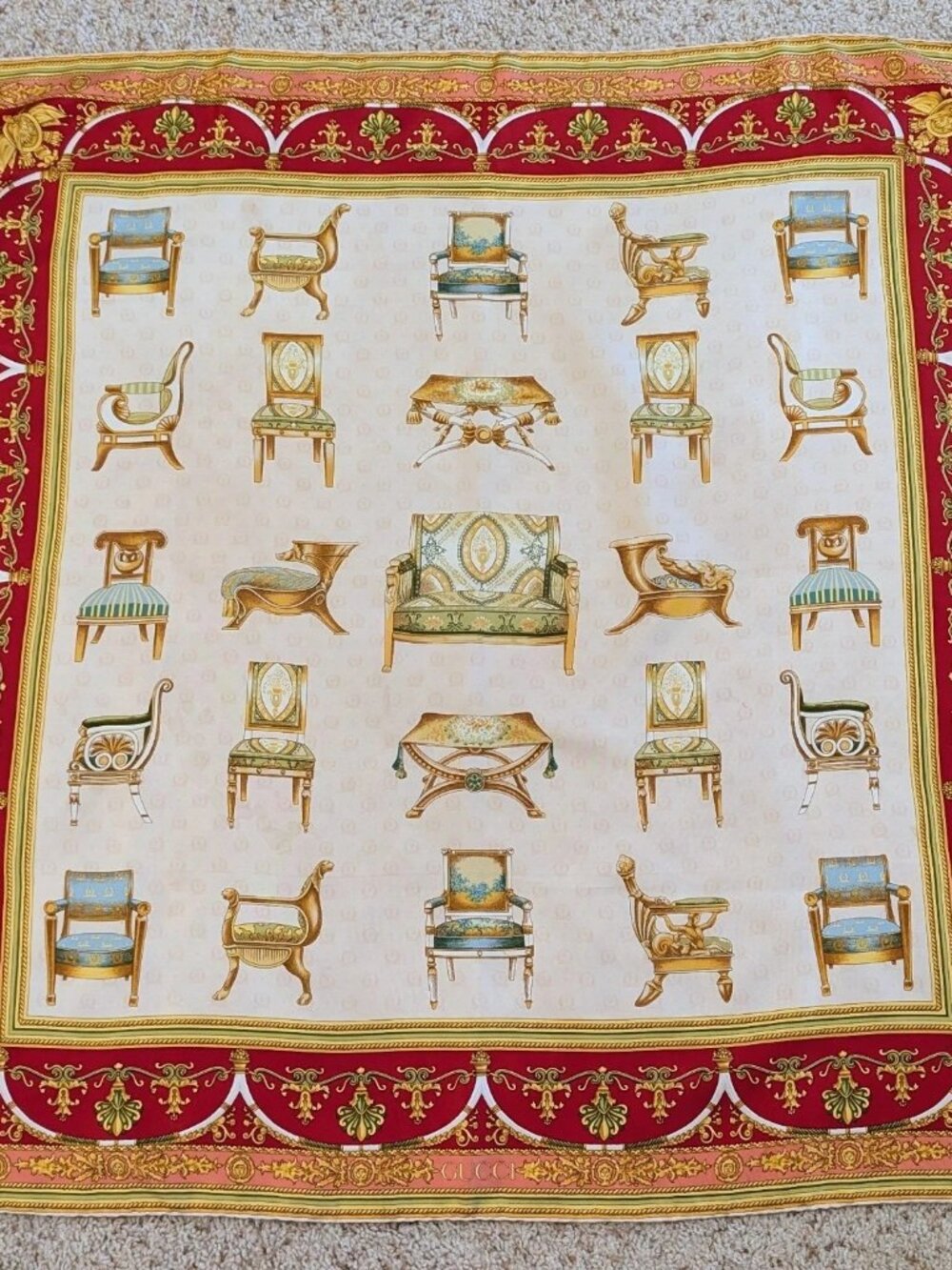 GUCCI Silk Scarf Chairs Print Gold Red Blue Botanical Rolled Edges 35" EUC